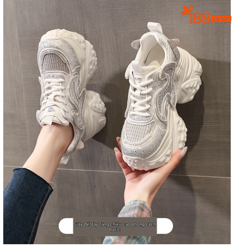 Giày sneaker nữ chunky đế dày lưới thoáng, phối đá rhinestone sáng — màu trắng chi tiết 1