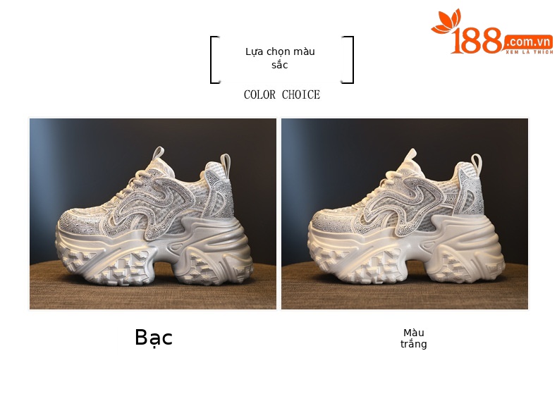 Giày sneaker nữ chunky đế dày lưới thoáng, phối đá rhinestone sáng — màu trắng chi tiết 2