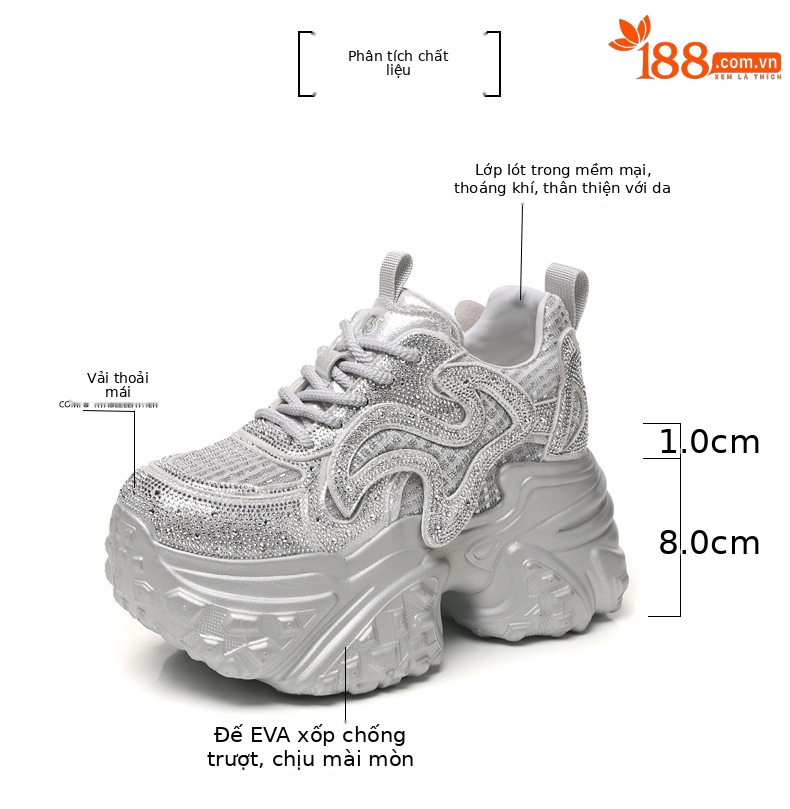 Giày sneaker nữ chunky đế dày lưới thoáng, phối đá rhinestone sáng — màu trắng chi tiết 3