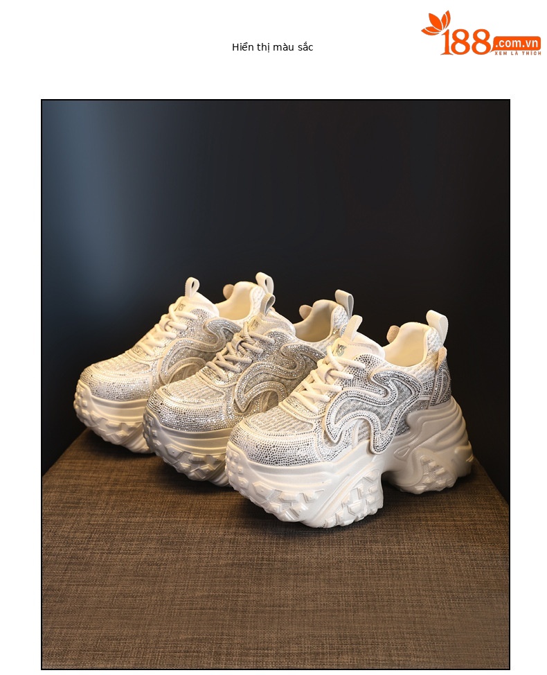 Giày sneaker nữ chunky đế dày lưới thoáng, phối đá rhinestone sáng — màu trắng chi tiết 18