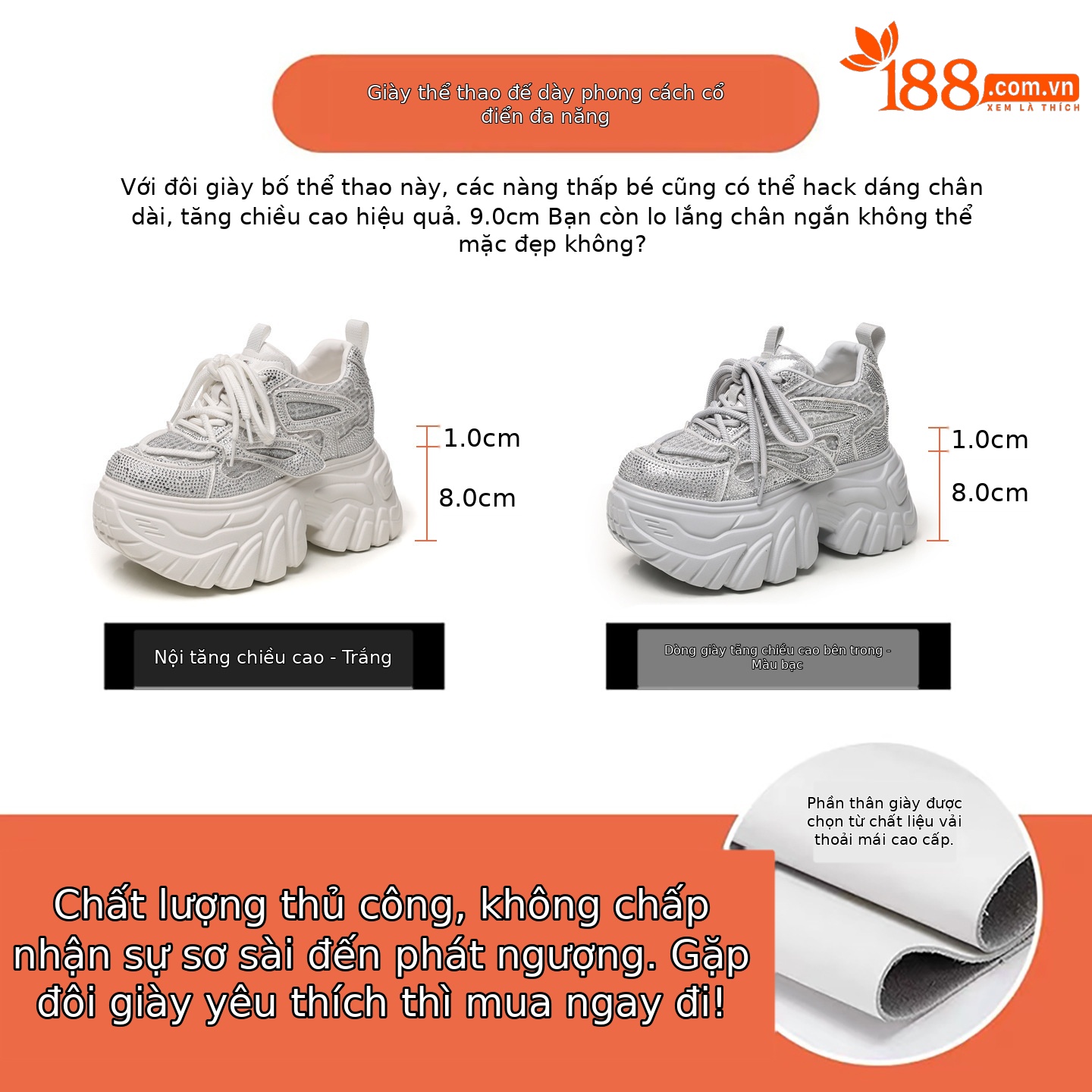 Giày sneaker nữ chunky đế dày lưới thoáng, phối đá rhinestone sáng — màu trắng