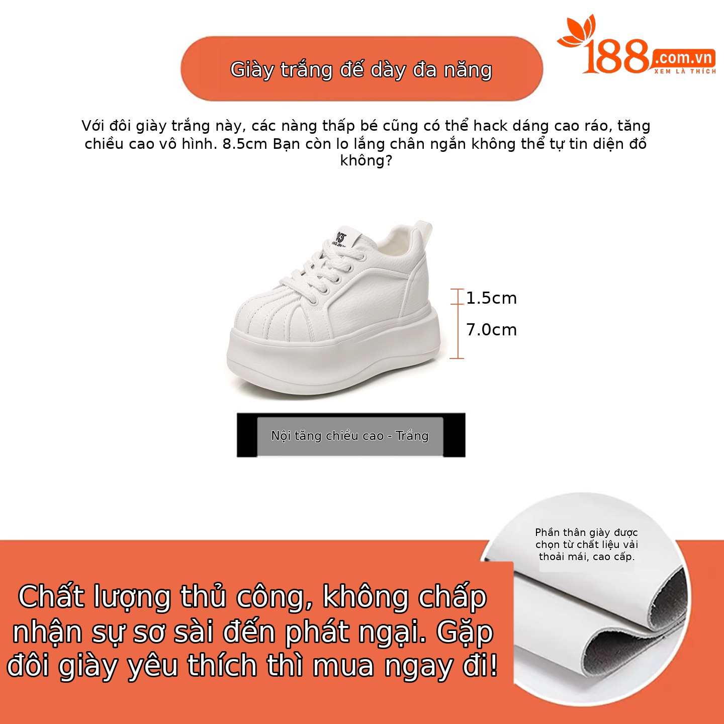 Giày sneaker nữ đế dày tăng chiều cao phong cách thể thao — màu trắng