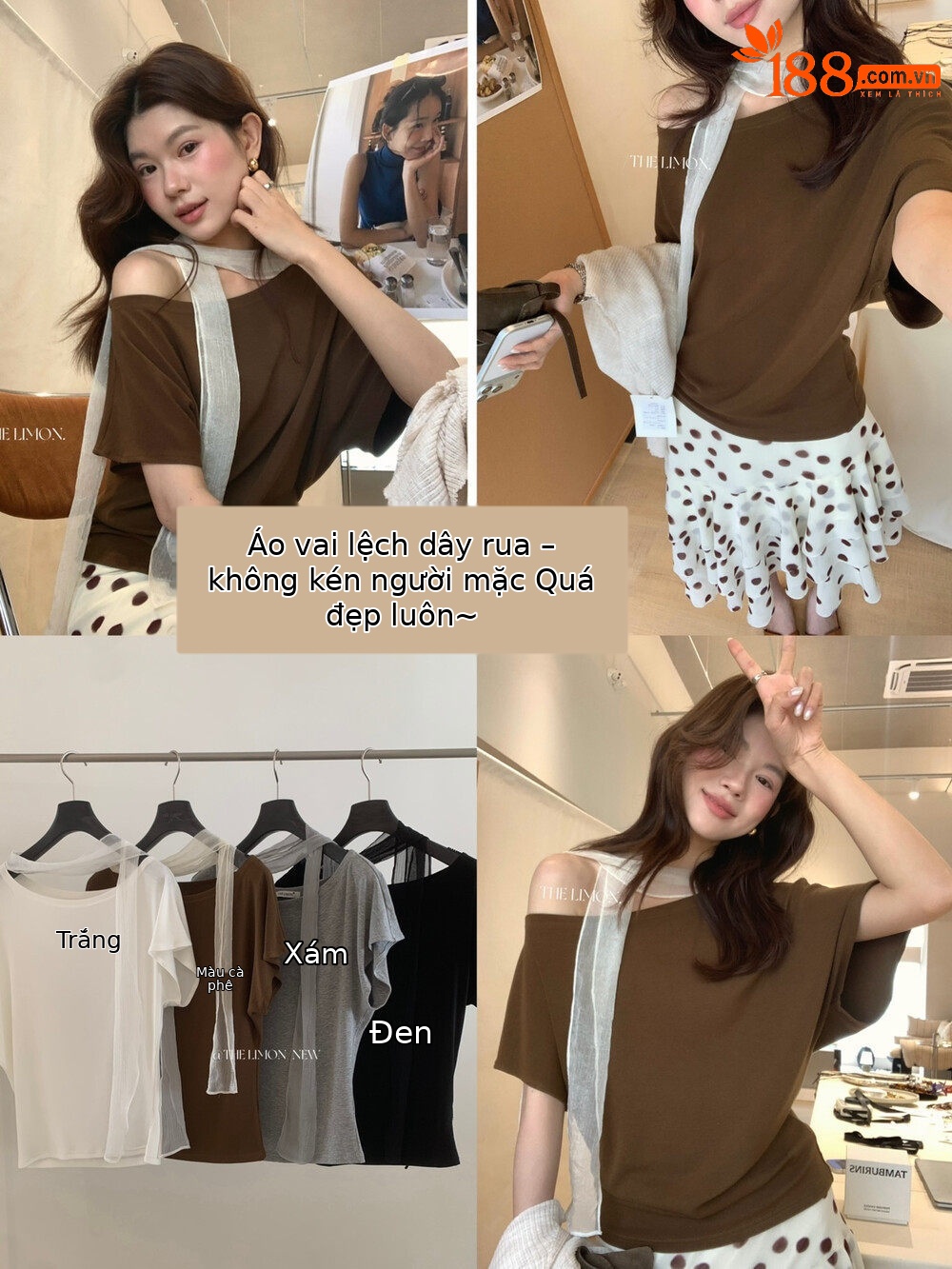 Áo thun nữ tay ngắn thiết kế dây rua vai lệch kiểu Pháp — màu đen, Màu cà phê, màu trắng, màu xám chi tiết 27
