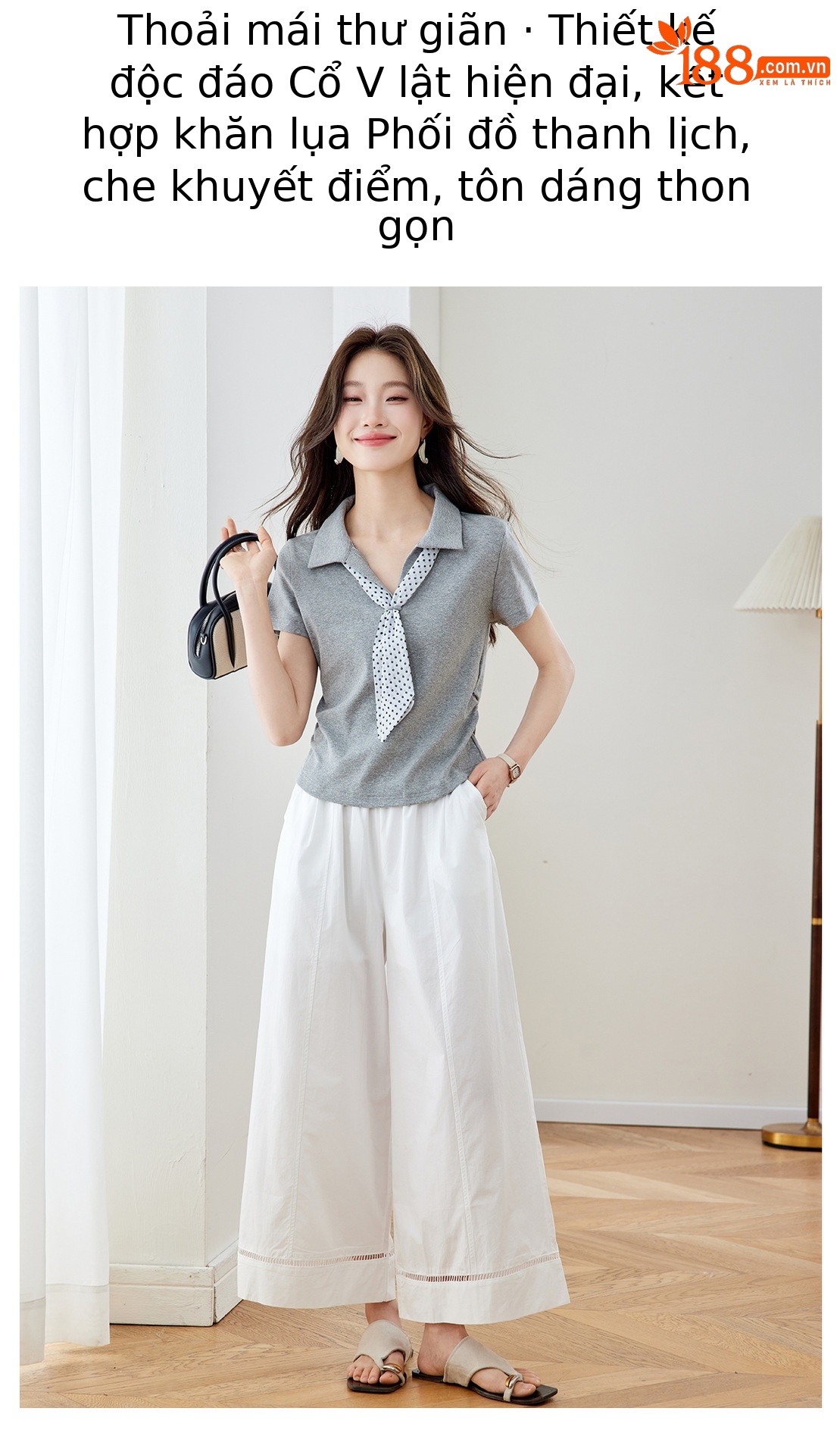 Bộ quần áo nữ gồm áo thun cổ tròn phối khăn lụa và quần ống suông rộng — Xám + quần trắng chi tiết 2
