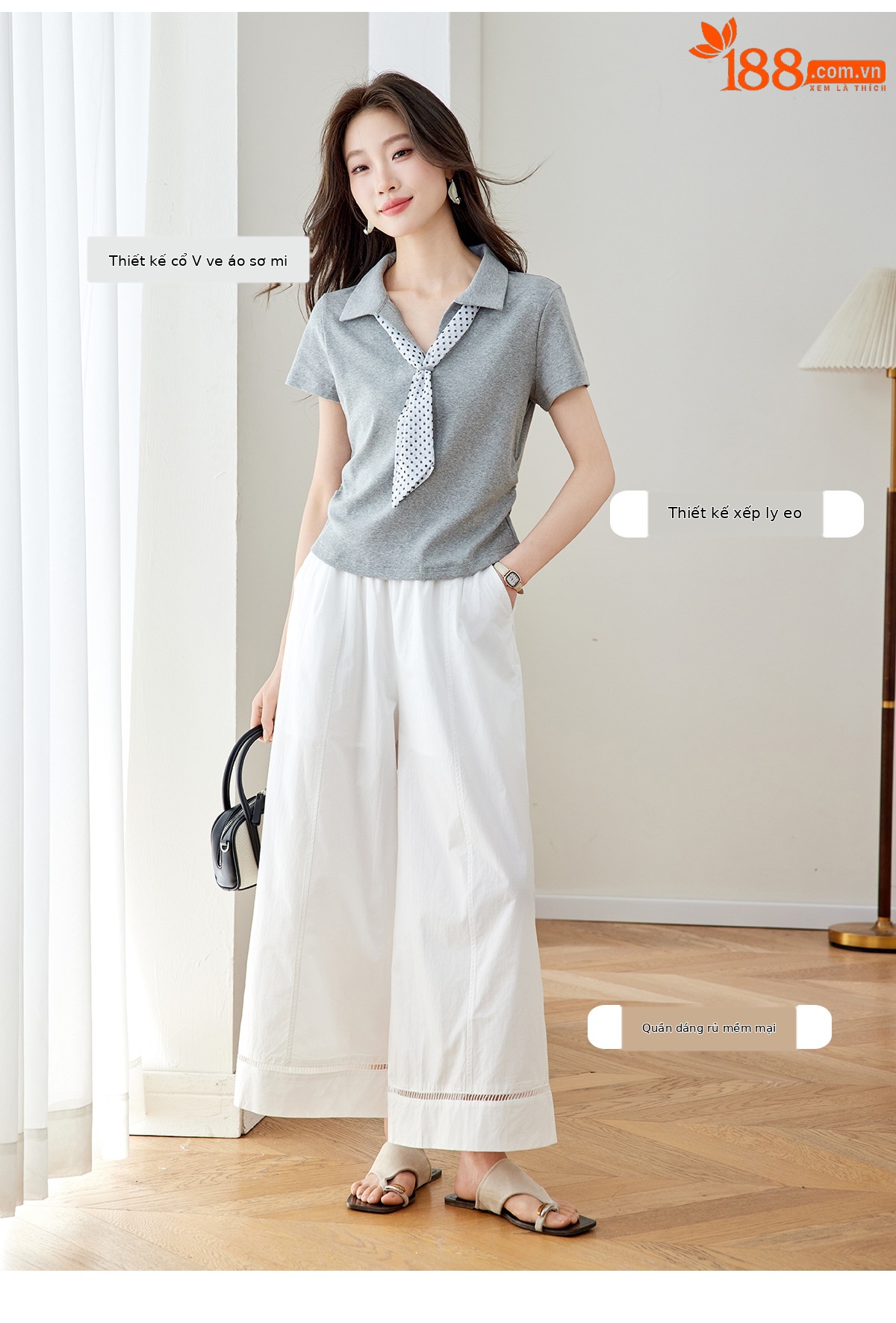 Bộ quần áo nữ gồm áo thun cổ tròn phối khăn lụa và quần ống suông rộng — Xám + quần trắng chi tiết 4