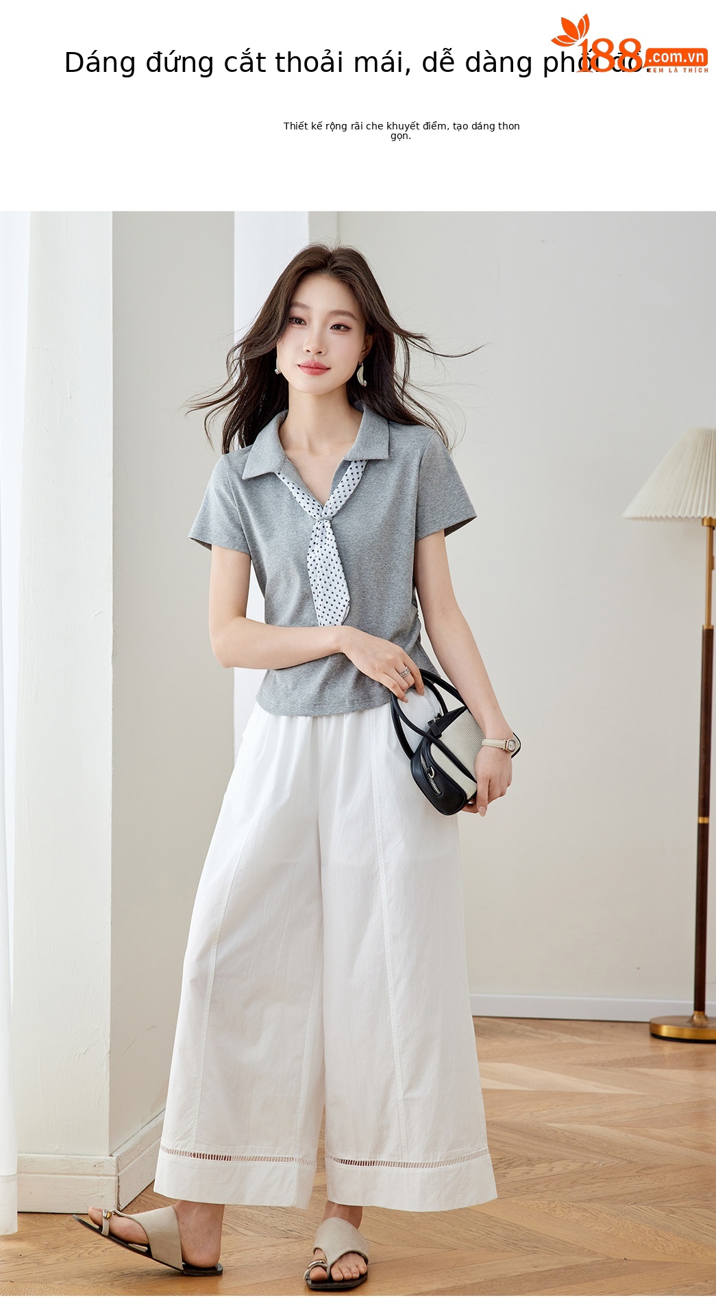 Bộ quần áo nữ gồm áo thun cổ tròn phối khăn lụa và quần ống suông rộng — Xám + quần trắng chi tiết 6