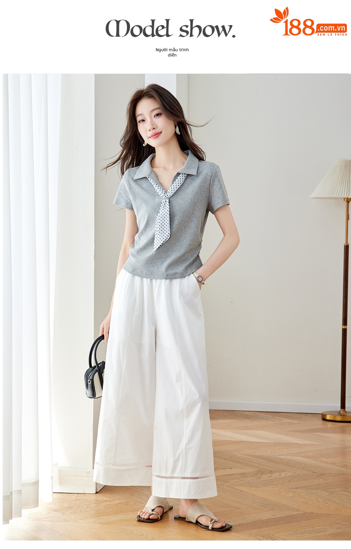 Bộ quần áo nữ gồm áo thun cổ tròn phối khăn lụa và quần ống suông rộng — Xám + quần trắng chi tiết 8
