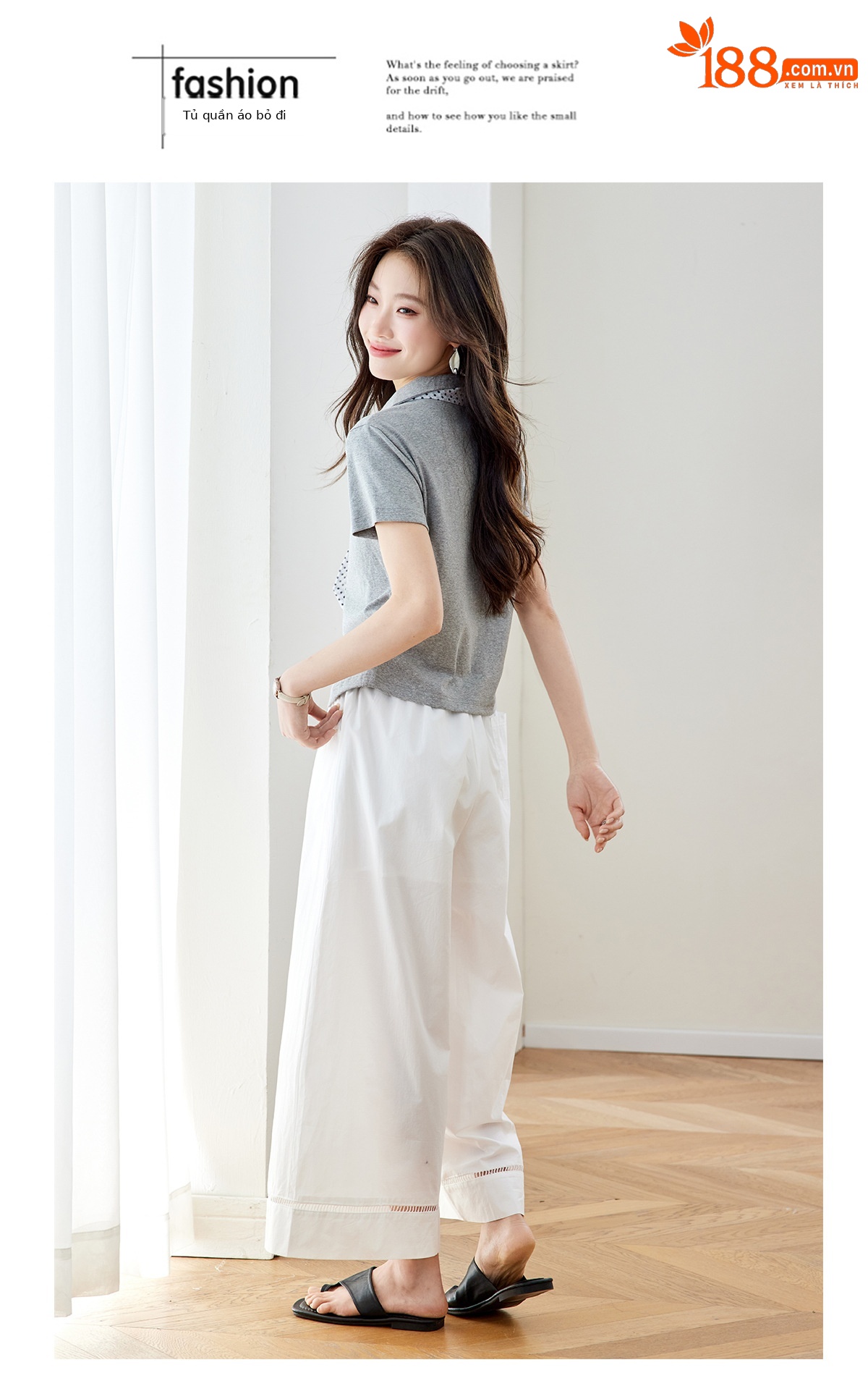 Bộ quần áo nữ gồm áo thun cổ tròn phối khăn lụa và quần ống suông rộng — Xám + quần trắng chi tiết 13