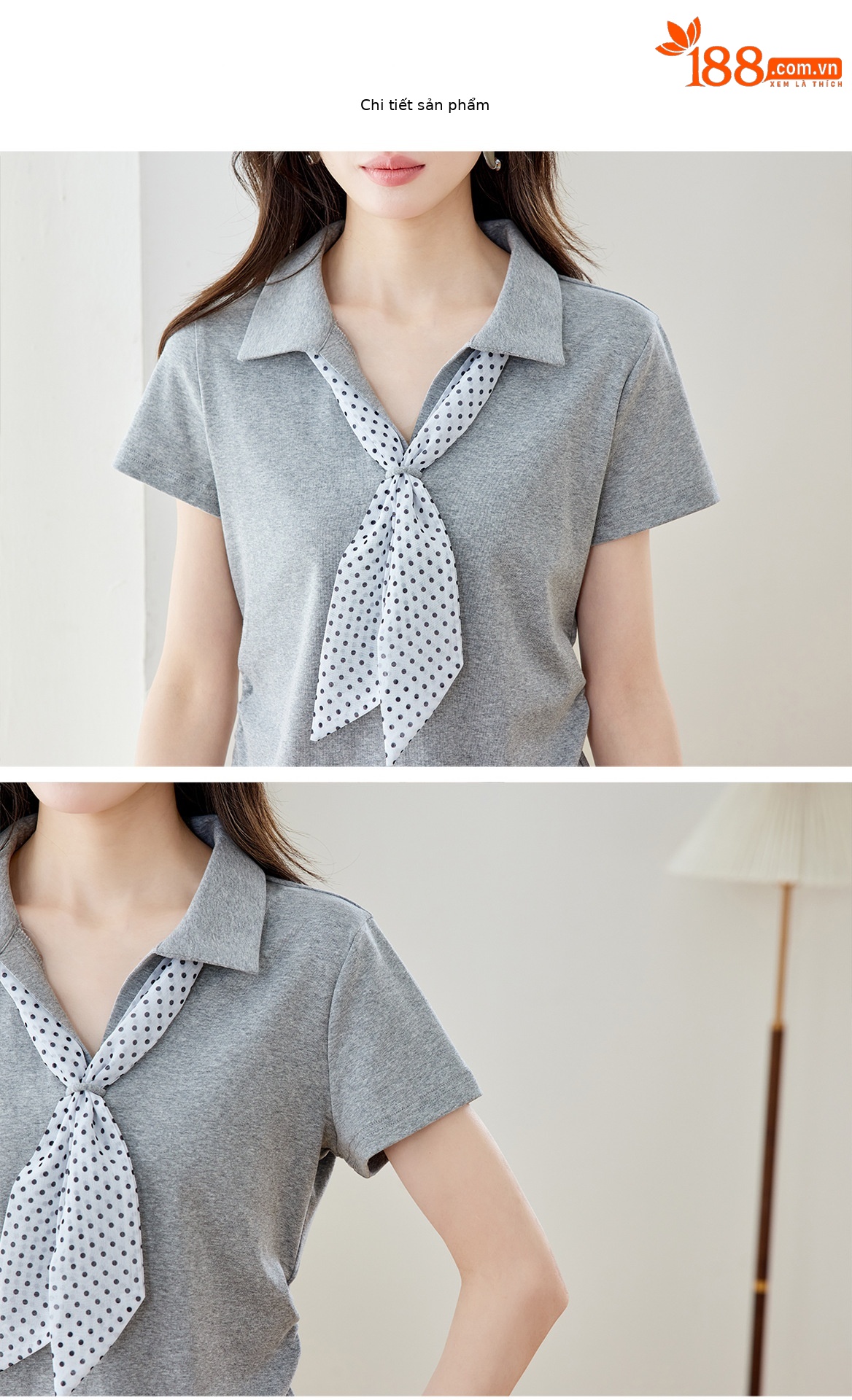 Bộ quần áo nữ gồm áo thun cổ tròn phối khăn lụa và quần ống suông rộng — Xám + quần trắng chi tiết 15