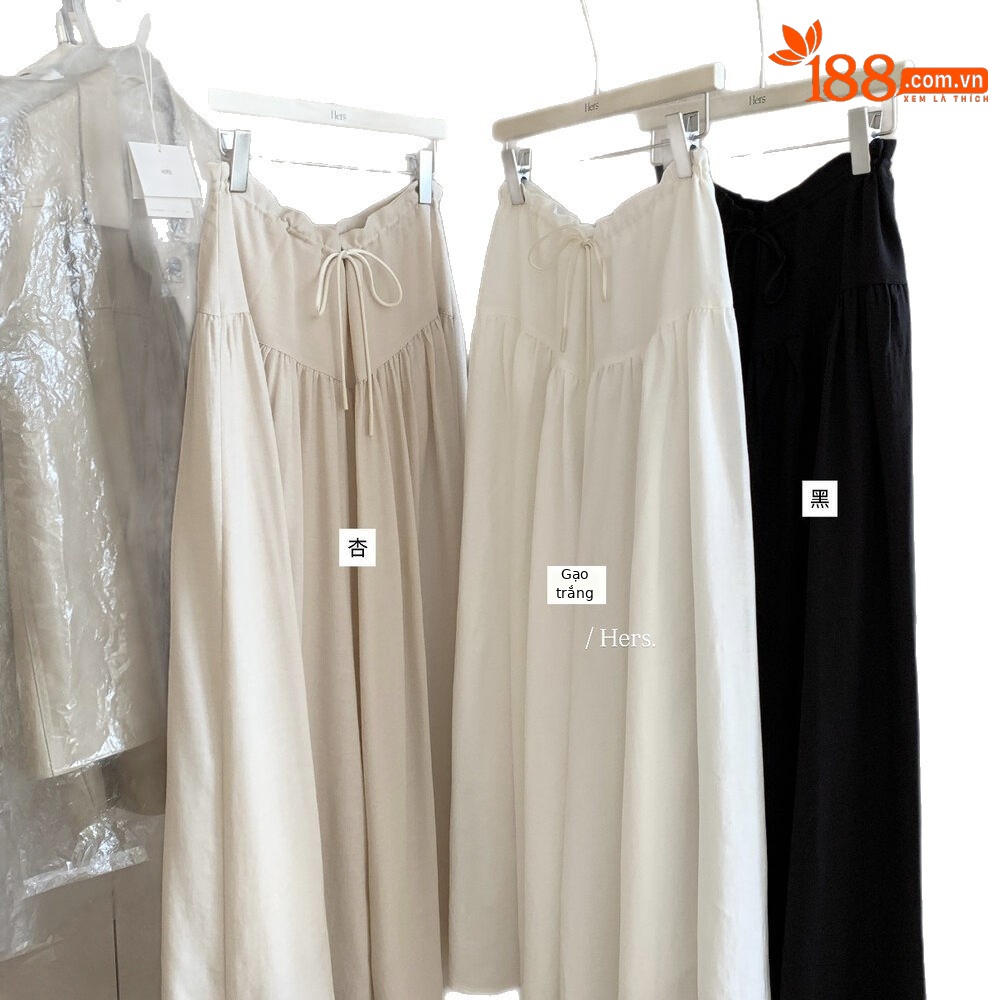 Quần culottes nữ ống rộng cạp cao thiết kế dây rút eo — màu đen, trắng ngà, màu mơ