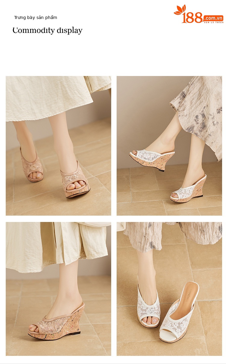 Sandal cao gót nữ hở mũi phong cách vintage, đế xuồng ren lưới, gót siêu cao 12 cm — màu trắng ngà, màu mơ chi tiết 1