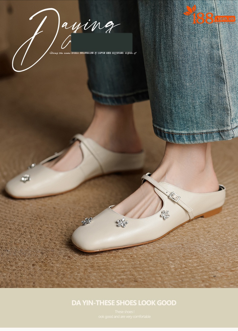 Sandal mule nữ gót thấp mũi kín đính đá pha lê màu rượu vang đỏ — Rượu vang đỏ chi tiết 2
