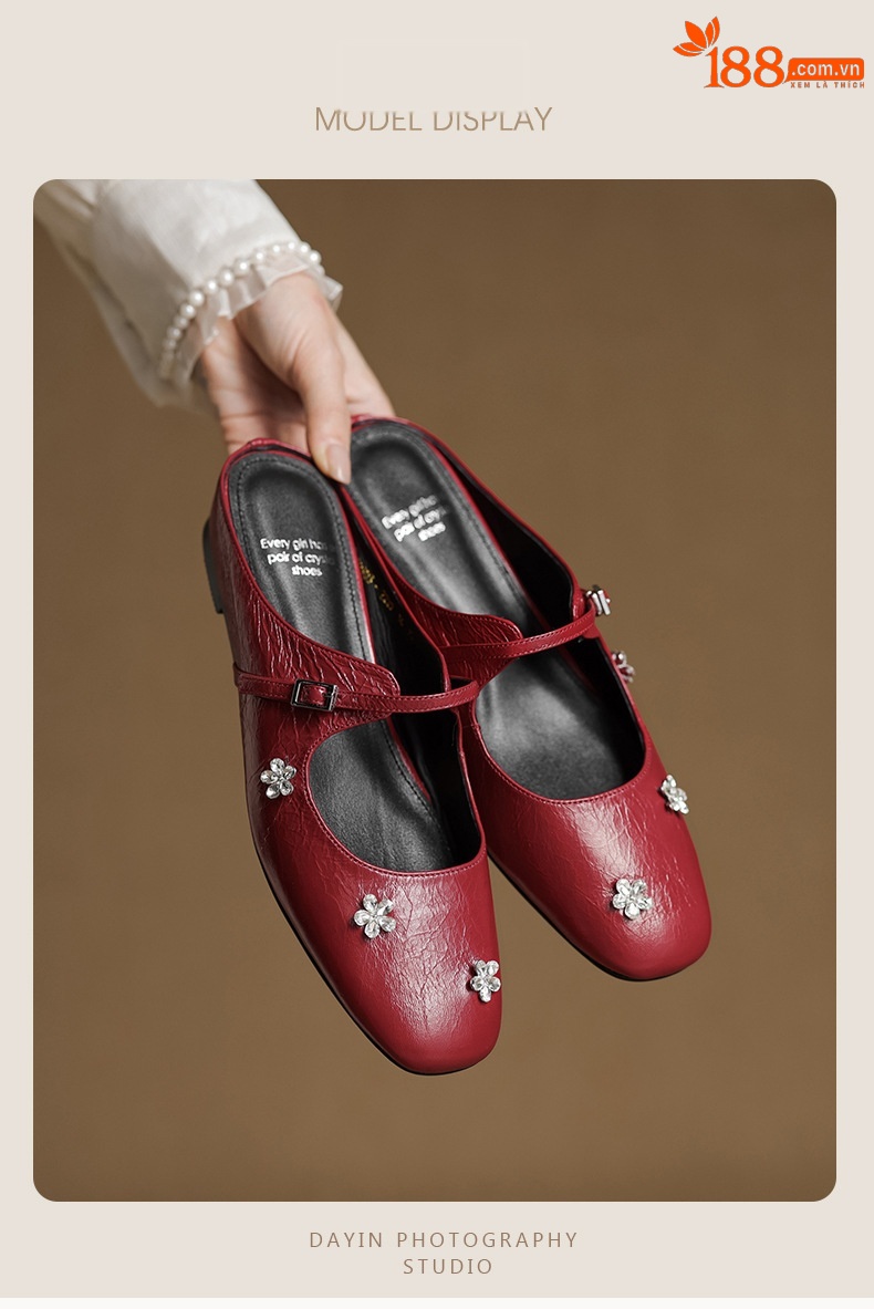Sandal mule nữ gót thấp mũi kín đính đá pha lê màu rượu vang đỏ — Rượu vang đỏ chi tiết 4