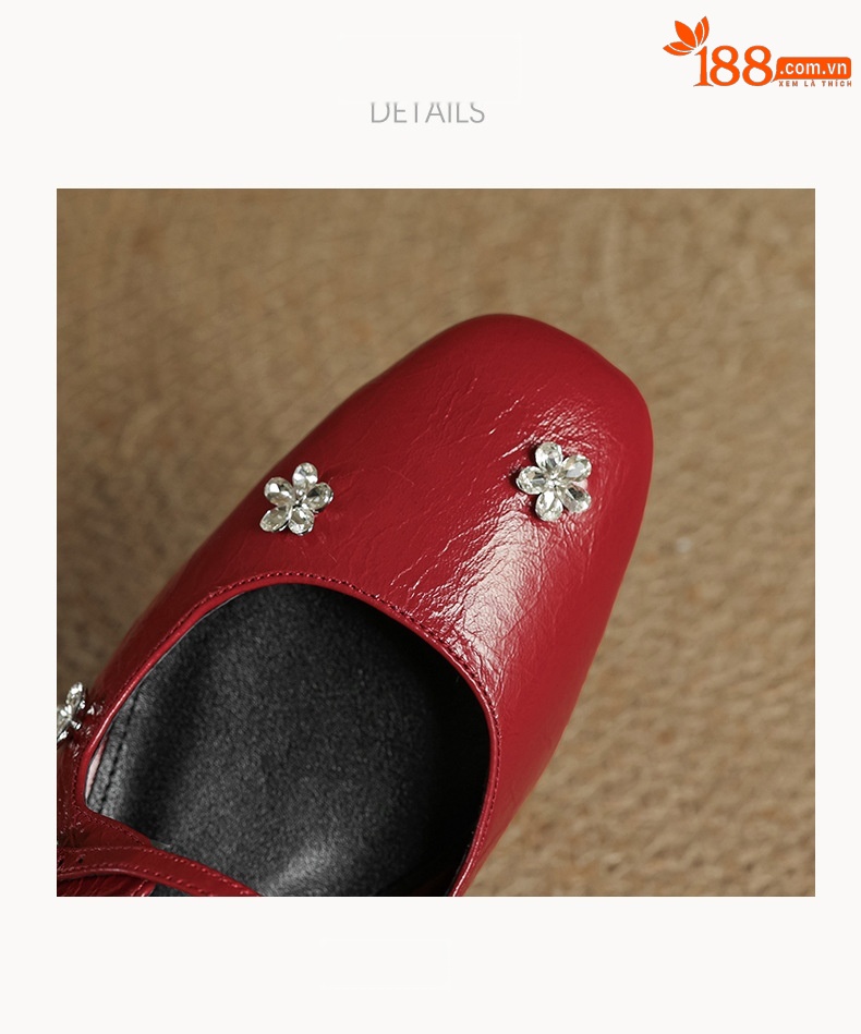 Sandal mule nữ gót thấp mũi kín đính đá pha lê màu rượu vang đỏ — Rượu vang đỏ chi tiết 16