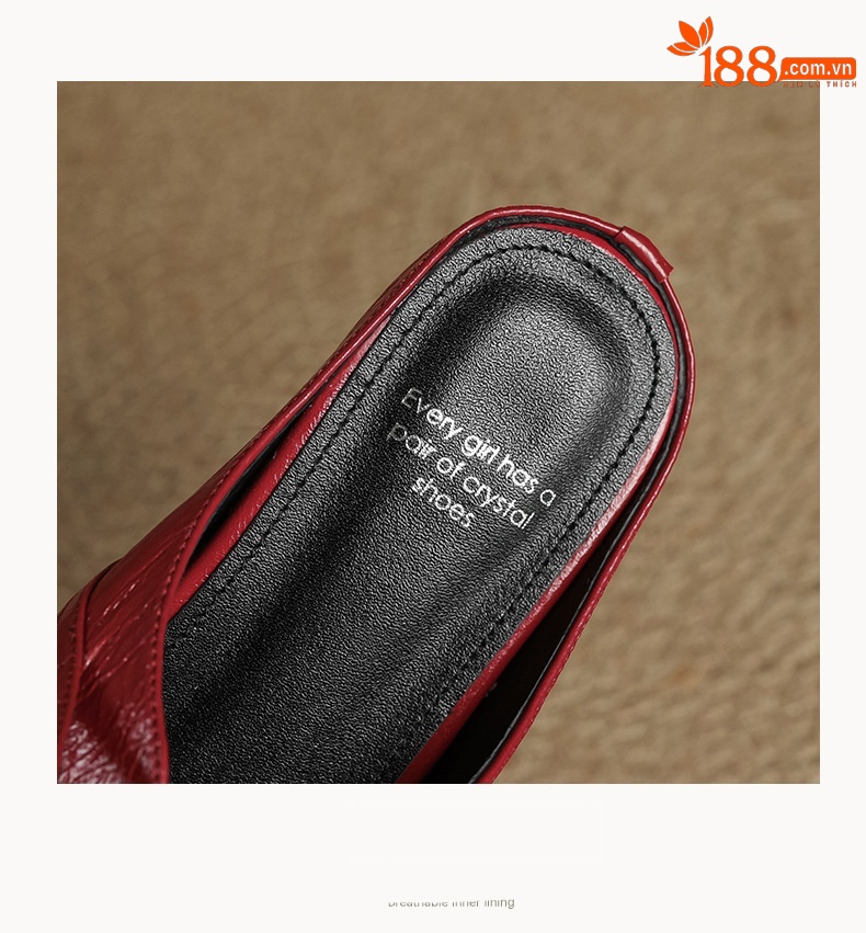 Sandal mule nữ gót thấp mũi kín đính đá pha lê màu rượu vang đỏ — Rượu vang đỏ chi tiết 17