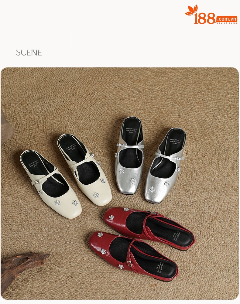 Sandal mule nữ gót thấp mũi kín đính đá pha lê màu rượu vang đỏ — Rượu vang đỏ chi tiết 20