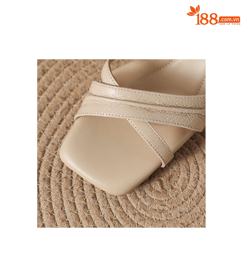 Sandal nữ hở mũi đầu vuông da dê gót thô 5 cm size lớn 40–43 — màu be chi tiết 8
