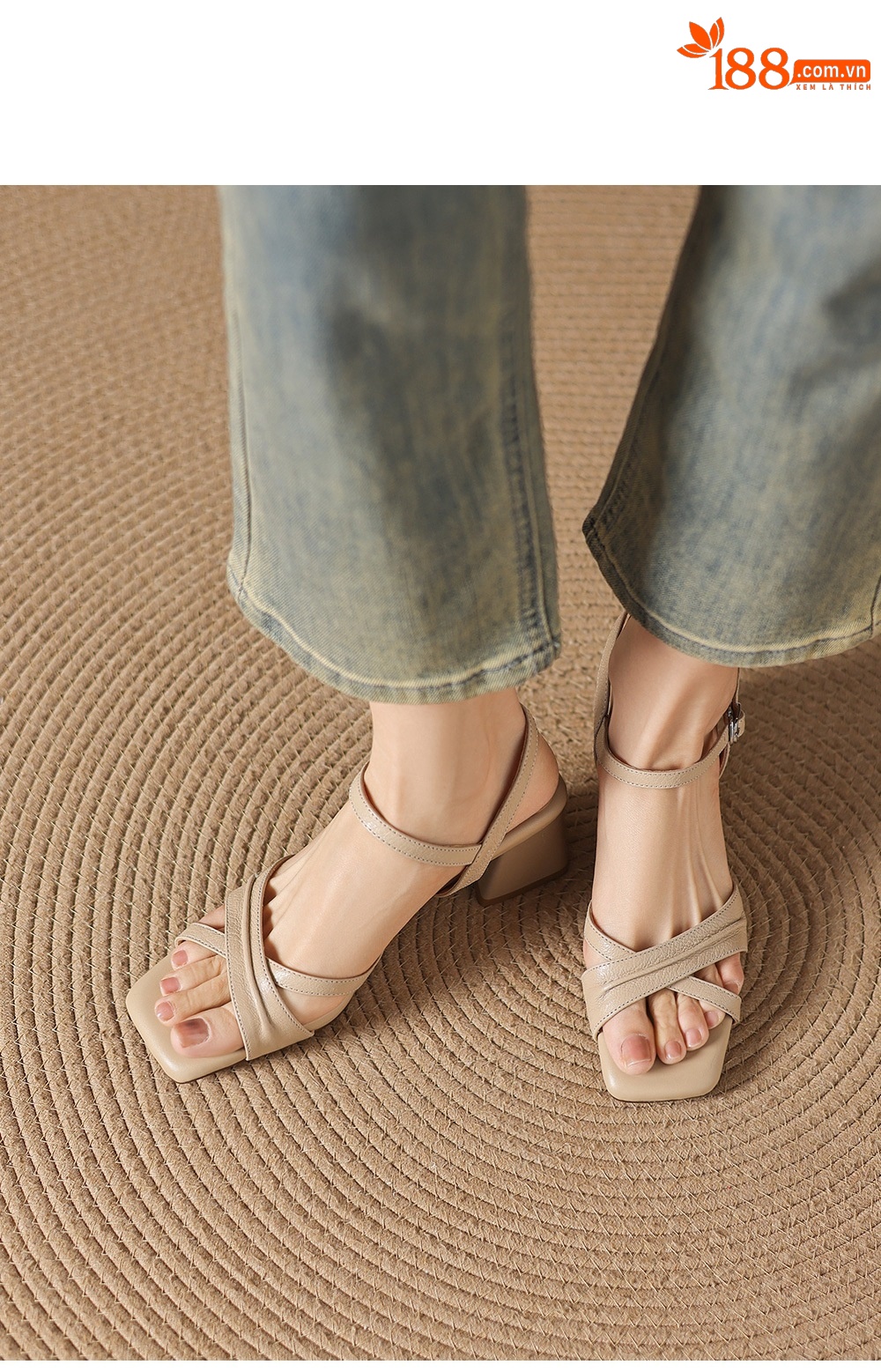 Sandal nữ hở mũi đầu vuông da dê gót thô 5 cm size lớn 40–43 — màu be chi tiết 16