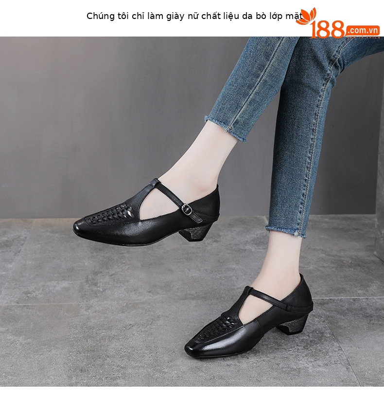 Giày Mary Jane nữ quai ngang mũi nhọn da bò thật đan lưới — màu nâu chi tiết 2