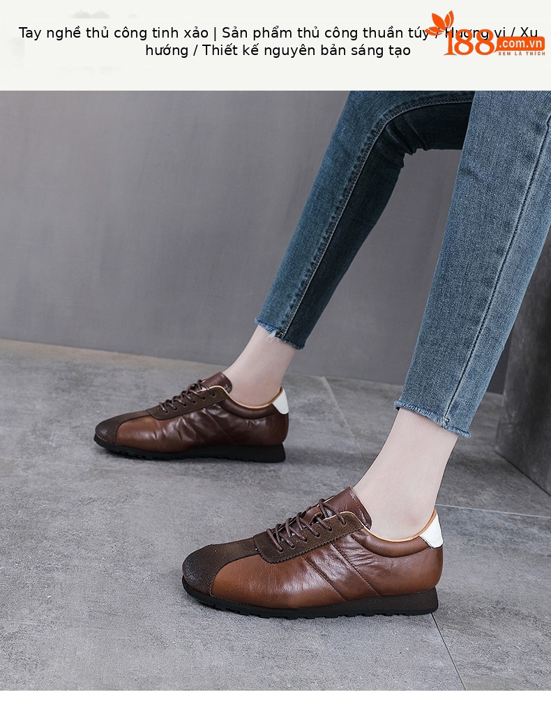 Giày sneaker nữ da thật phong cách cổ điển đế bệt nhẹ — màu nâu chi tiết 1