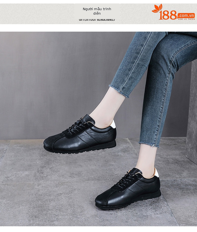 Giày sneaker nữ da thật phong cách cổ điển đế bệt nhẹ — màu nâu chi tiết 9