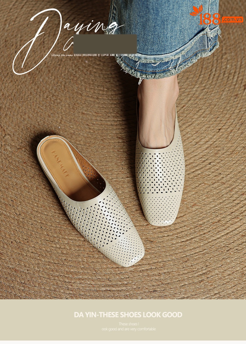 Giày mule nữ da bò mũi vuông hở gót đế bằng — đen chi tiết 2