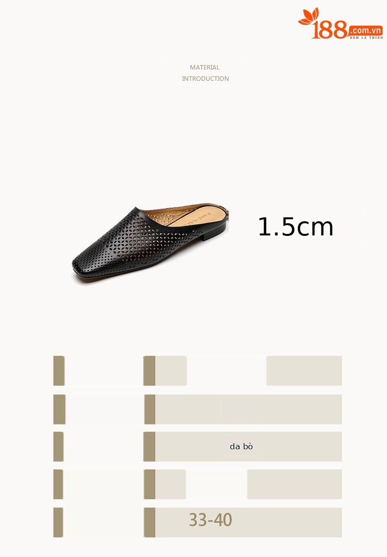 Giày mule nữ da bò mũi vuông hở gót đế bằng — đen chi tiết 3