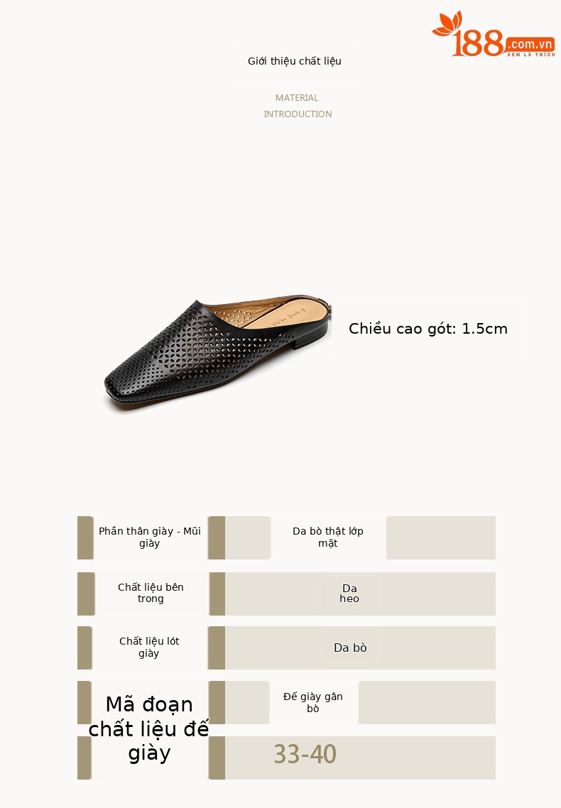 Giày mule nữ da bò mũi vuông đế bệt hở gót kiểu mới — đen chi tiết 3