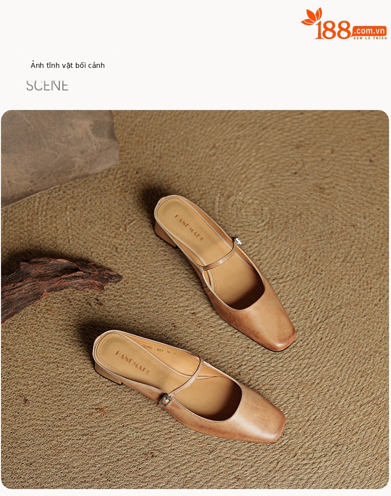 Sandal nữ quai ngang mũi vuông gót 4.5 cm da bò bít mũi hở gót — đen chi tiết 22