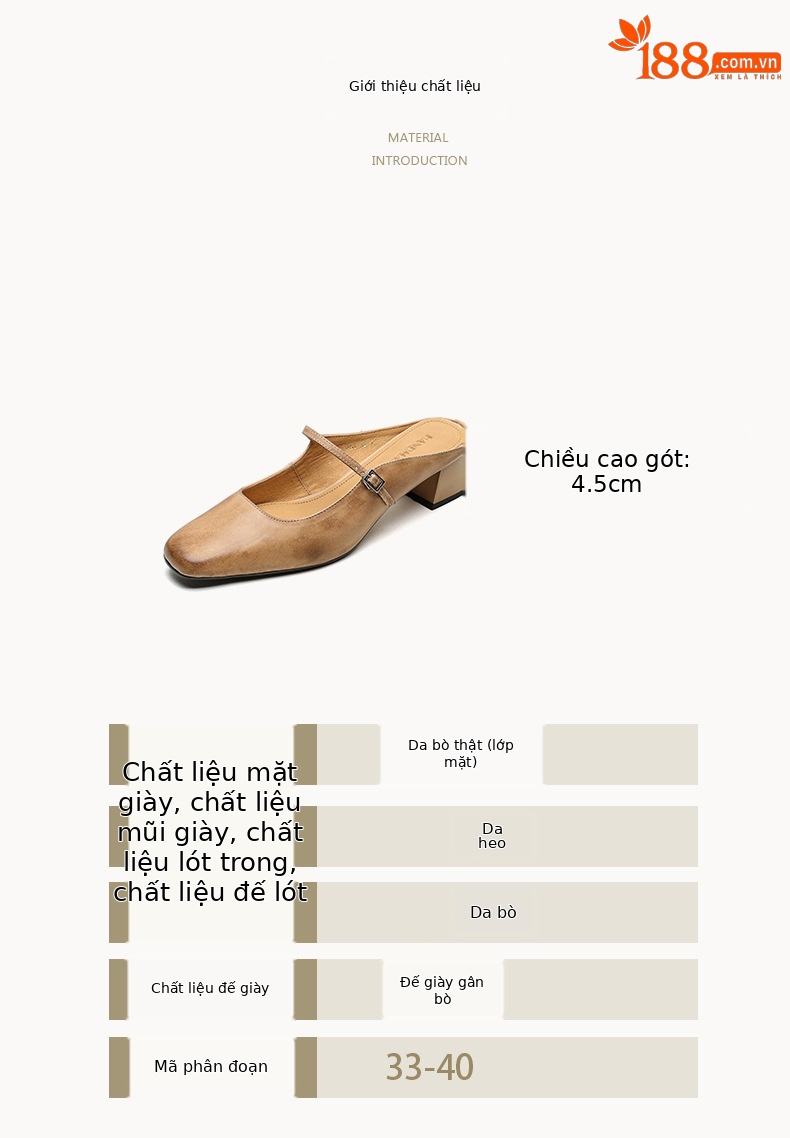 Sandal nữ quai ngang mũi vuông gót 4.5 cm da bò bít mũi hở gót — đen chi tiết 3