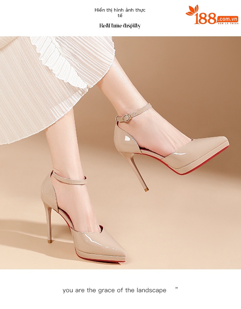 Giày cao gót nữ mũi nhọn quai ngang đế đỏ gót 10 cm — Màu da-10cm chi tiết 5