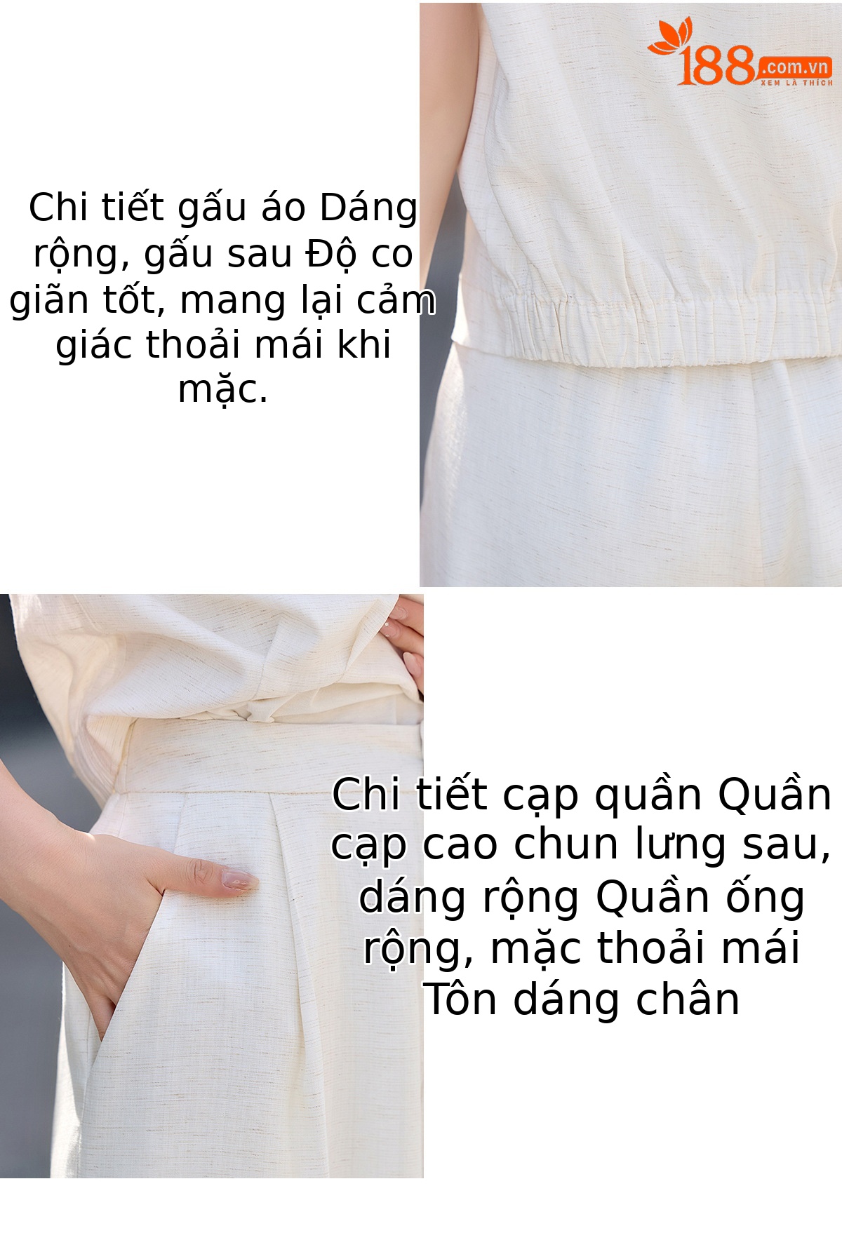 Bộ quần áo hai mảnh nữ cao cấp mùa hè 2026: áo không tay kết hợp quần ống rộng kèm khăn lụa — Xanh lông mòng đen, màu trắng ngà chi tiết 9