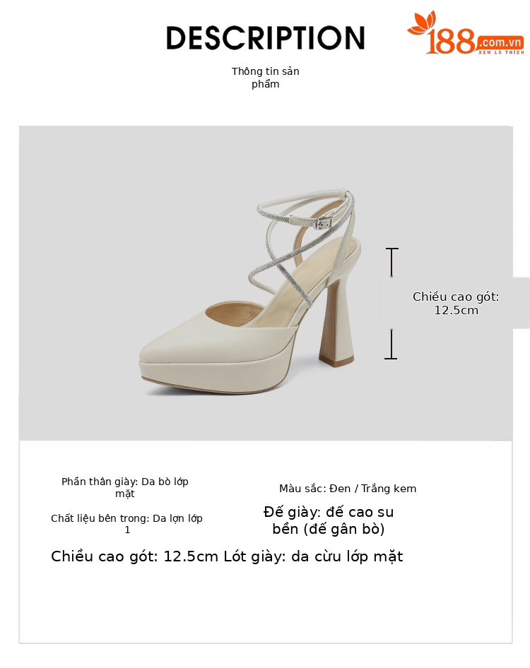 Giày sandal cao gót nữ đính đá mũi kín gót vuông platform 9 cm — màu đen, màu trắng ngà chi tiết 2