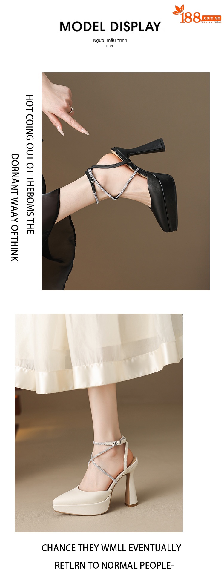 Giày sandal cao gót nữ đính đá mũi kín gót vuông platform 9 cm — màu đen, màu trắng ngà chi tiết 4