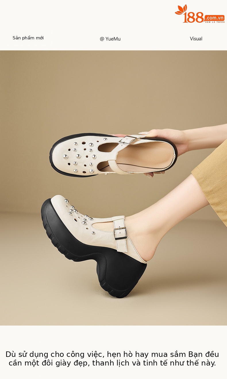 Dép sandal nữ quai chữ V đế tăng chiều cao, phong cách đi biển mùa hè — màu đen, màu trắng ngà chi tiết 1