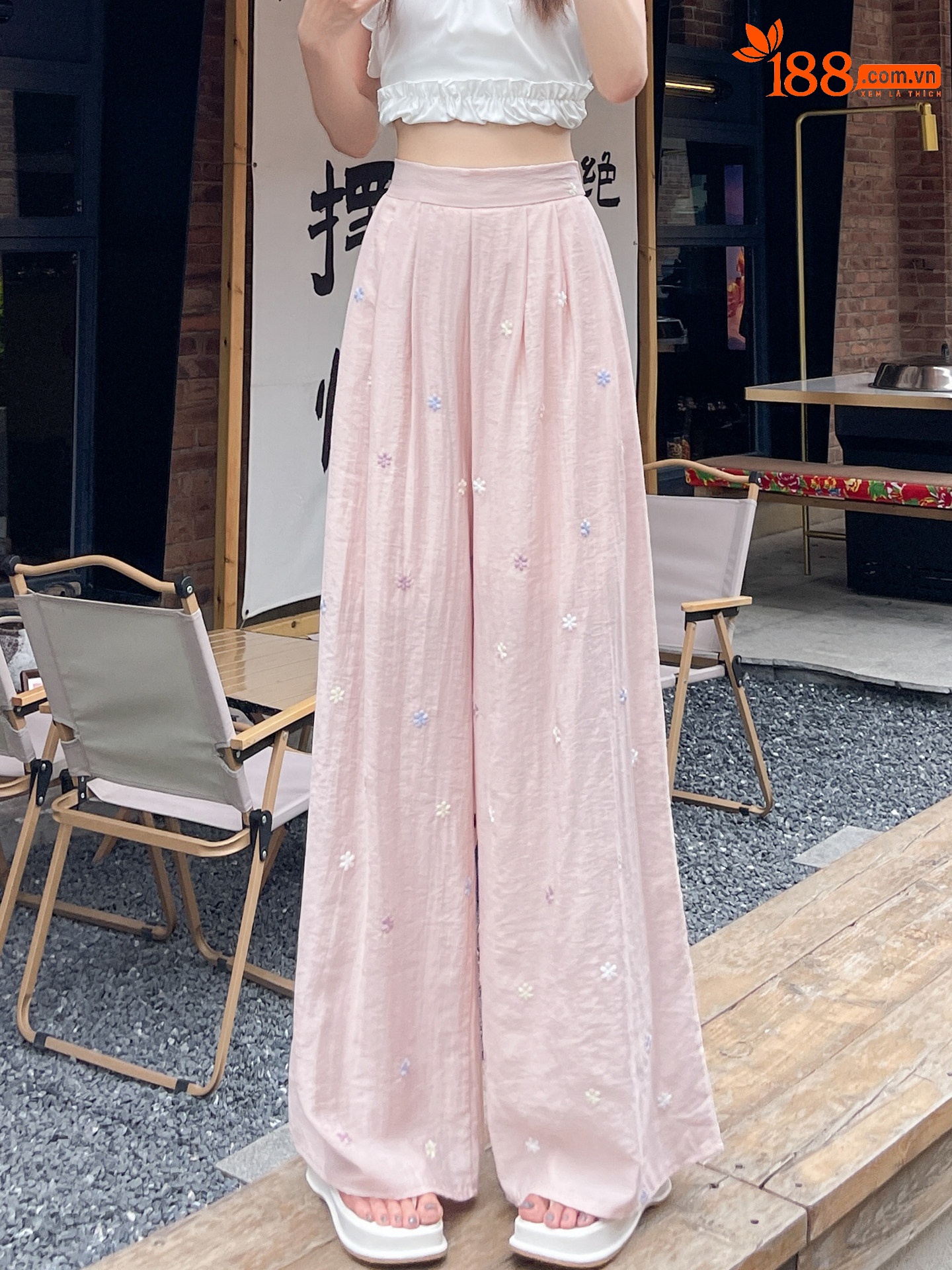 Quần culottes nữ ống rộng cạp cao vải linen phối sợi mát, dáng suông rủ nhẹ — Nhỏ màu hồng