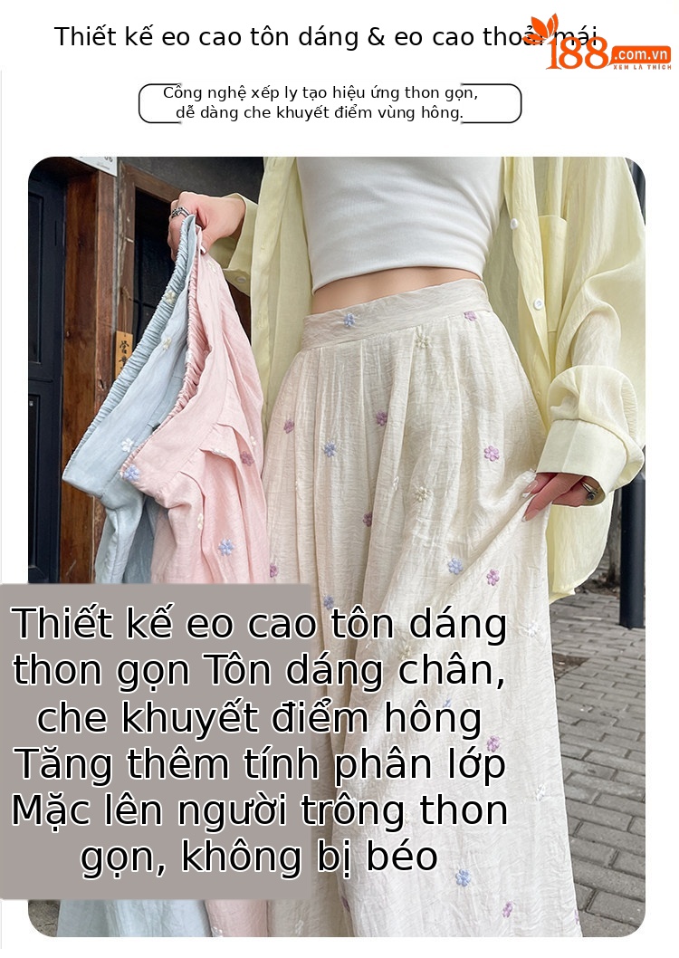 Quần culottes nữ ống rộng cạp cao vải linen phối sợi mát, dáng suông rủ nhẹ — Nhỏ màu hồng chi tiết 6