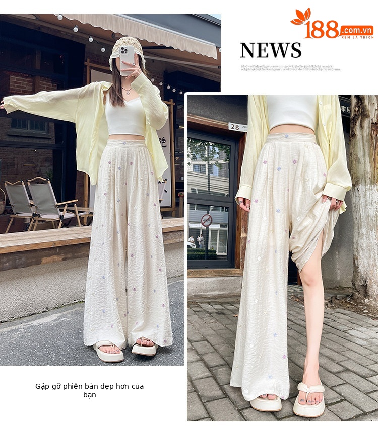 Quần culottes nữ ống rộng cạp cao vải linen phối sợi mát, dáng suông rủ nhẹ — Nhỏ màu hồng chi tiết 44