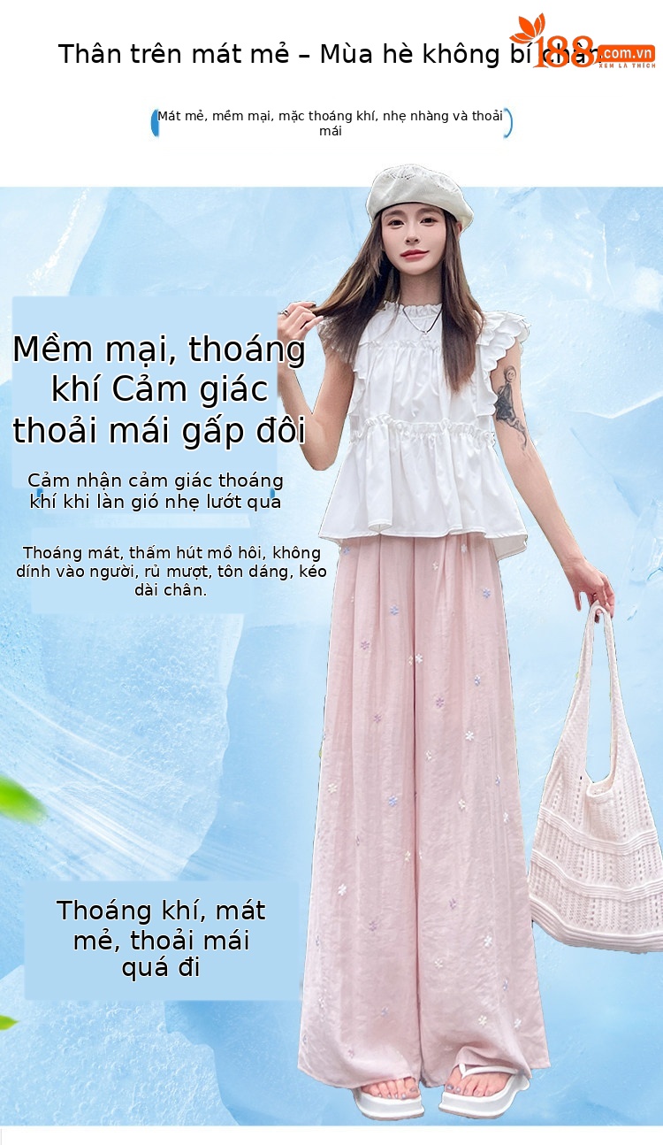 Quần culottes nữ ống rộng cạp cao vải linen phối sợi mát, dáng suông rủ nhẹ — Nhỏ màu hồng chi tiết 7