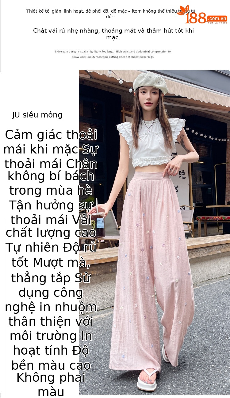 Quần culottes nữ ống rộng cạp cao vải linen phối sợi mát, dáng suông rủ nhẹ — Nhỏ màu hồng chi tiết 9