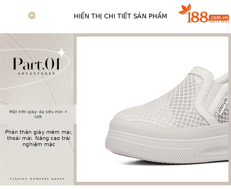 Giày sneaker nữ đế dày lưới thoáng khí một chân tăng chiều cao đi làm mùa xuân hè — 6124 Màu be, 6124 Da đen chi tiết 10