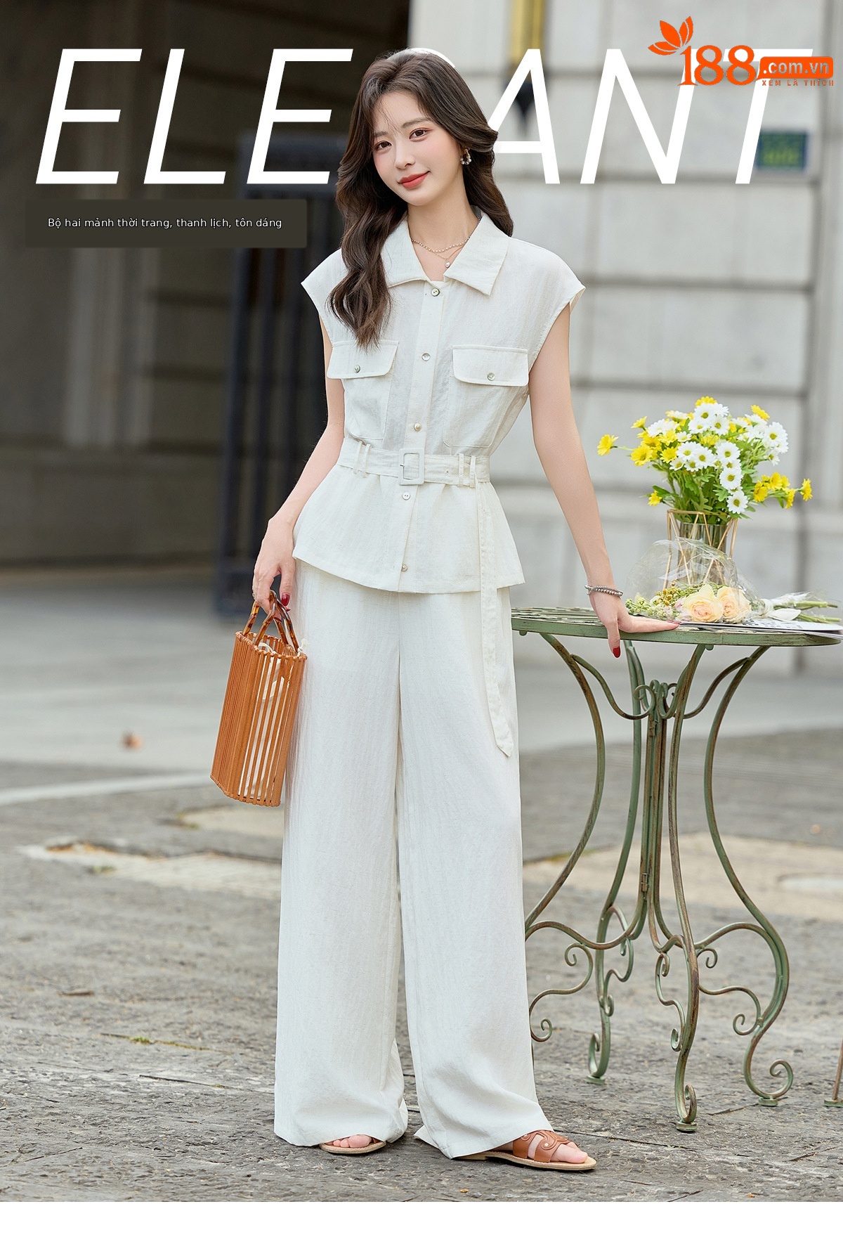Bộ jumpsuit nữ tay ngắn cổ bẻ ống rộng mùa hè 2026 — màu trắng ngà, màu vàng chi tiết 1