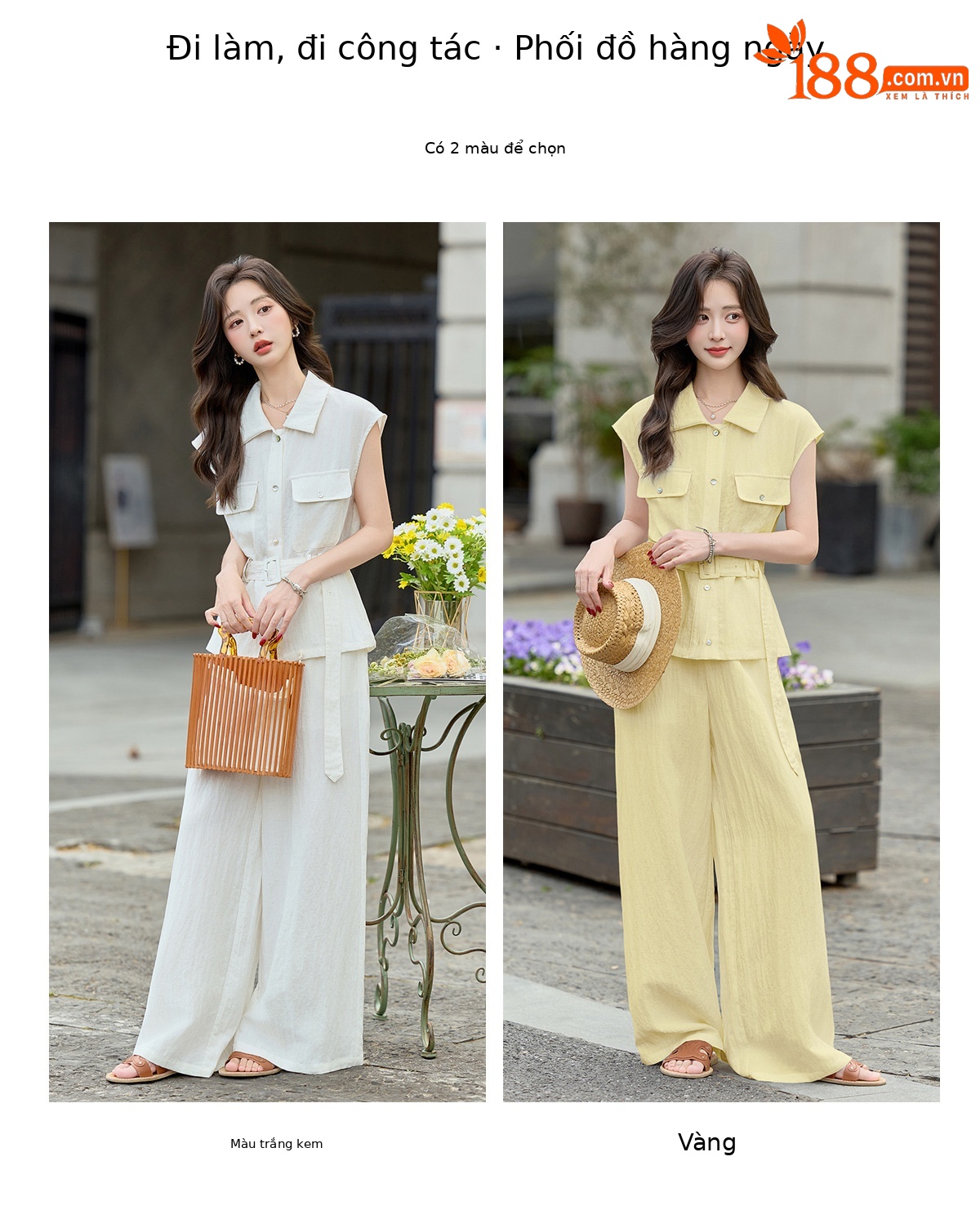 Bộ jumpsuit nữ tay ngắn cổ bẻ ống rộng mùa hè 2026 — màu trắng ngà, màu vàng chi tiết 5