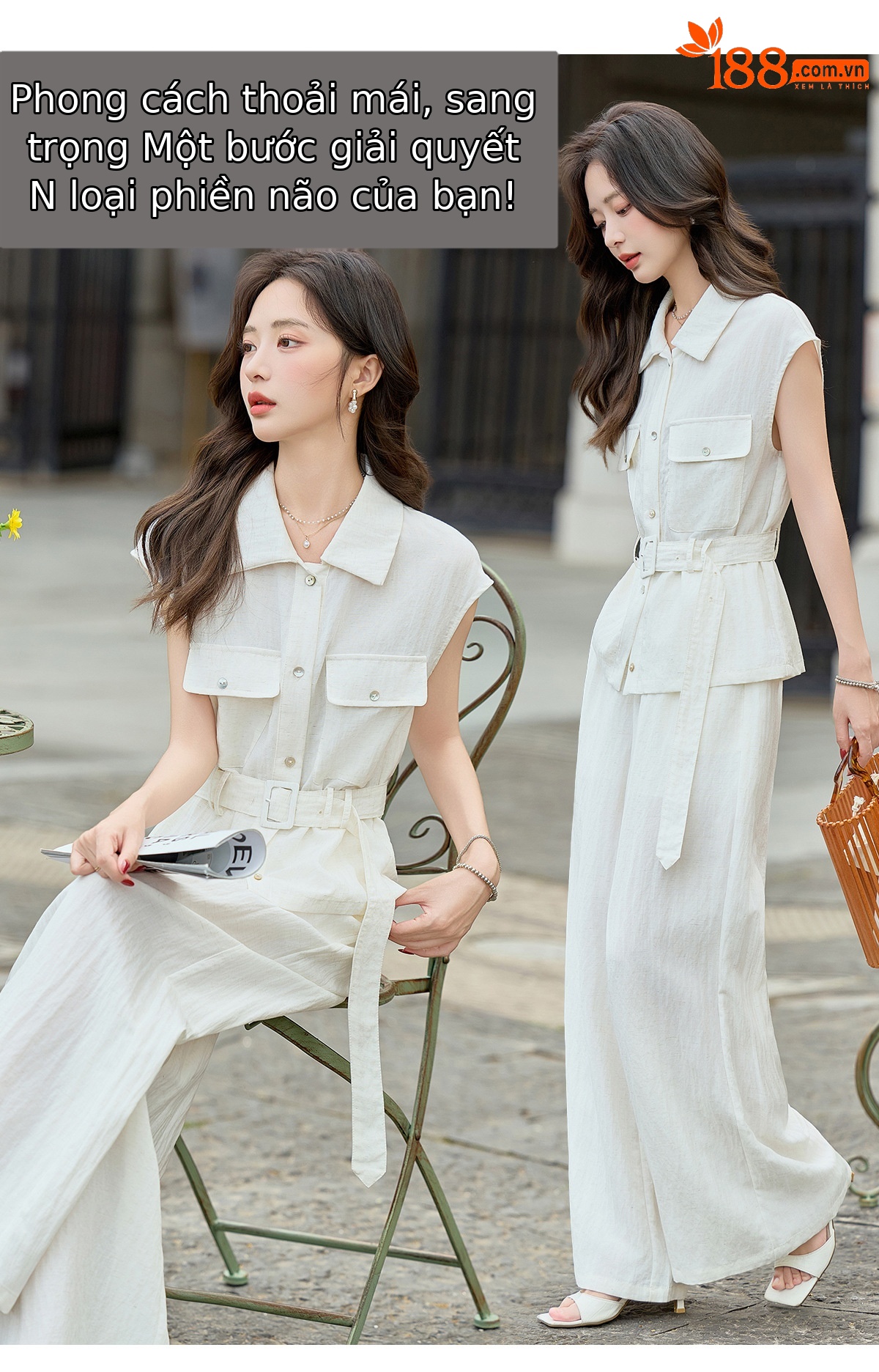 Bộ jumpsuit nữ tay ngắn cổ bẻ ống rộng mùa hè 2026 — màu trắng ngà, màu vàng chi tiết 6