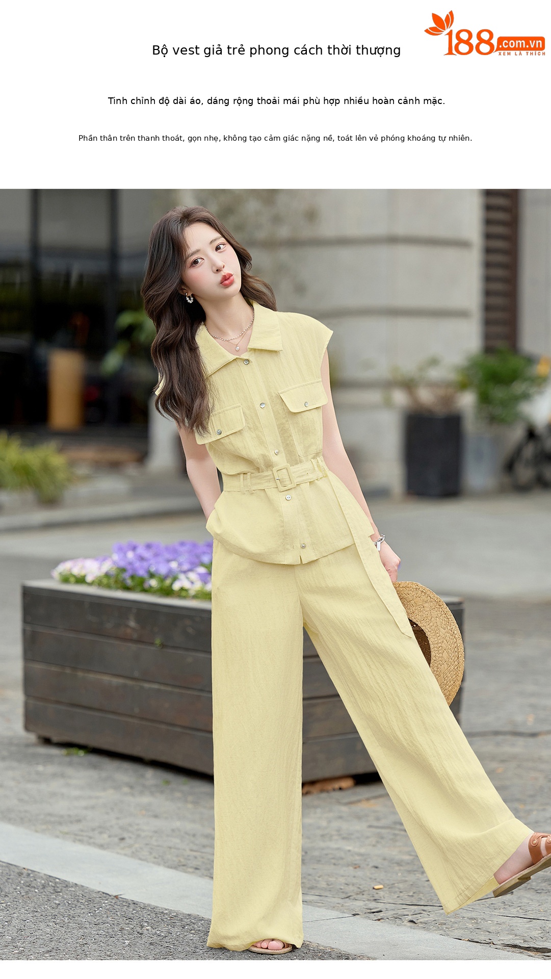 Bộ jumpsuit nữ tay ngắn cổ bẻ ống rộng mùa hè 2026 — màu trắng ngà, màu vàng chi tiết 7