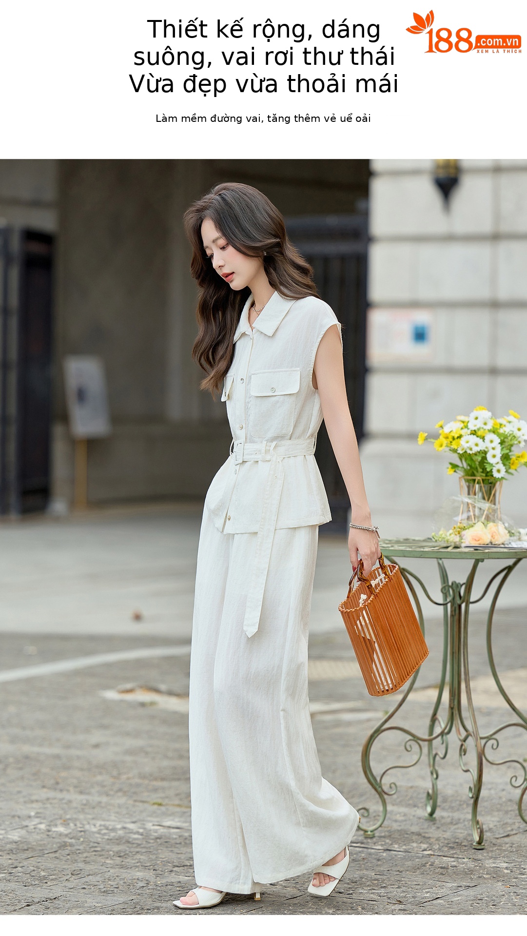 Bộ jumpsuit nữ tay ngắn cổ bẻ ống rộng mùa hè 2026 — màu trắng ngà, màu vàng chi tiết 10