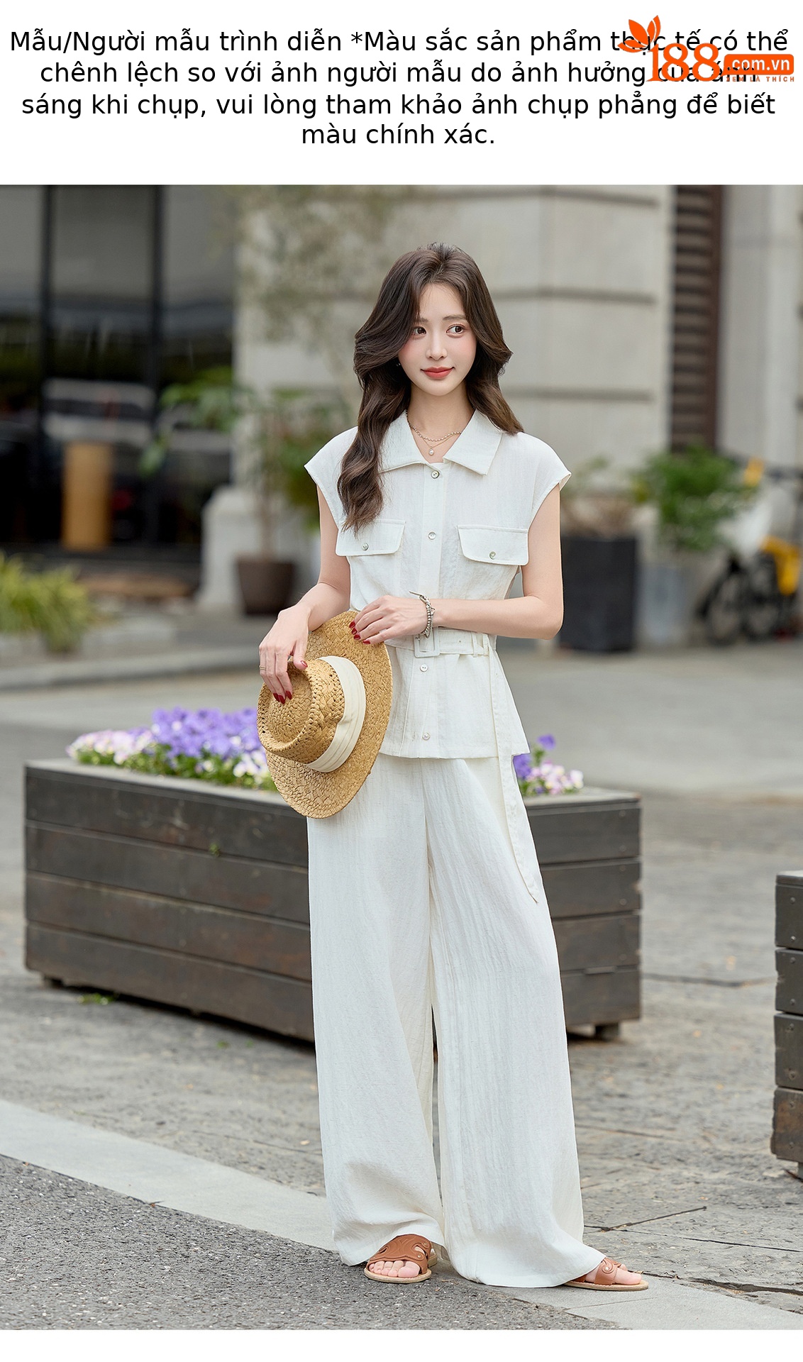 Bộ jumpsuit nữ tay ngắn cổ bẻ ống rộng mùa hè 2026 — màu trắng ngà, màu vàng chi tiết 13