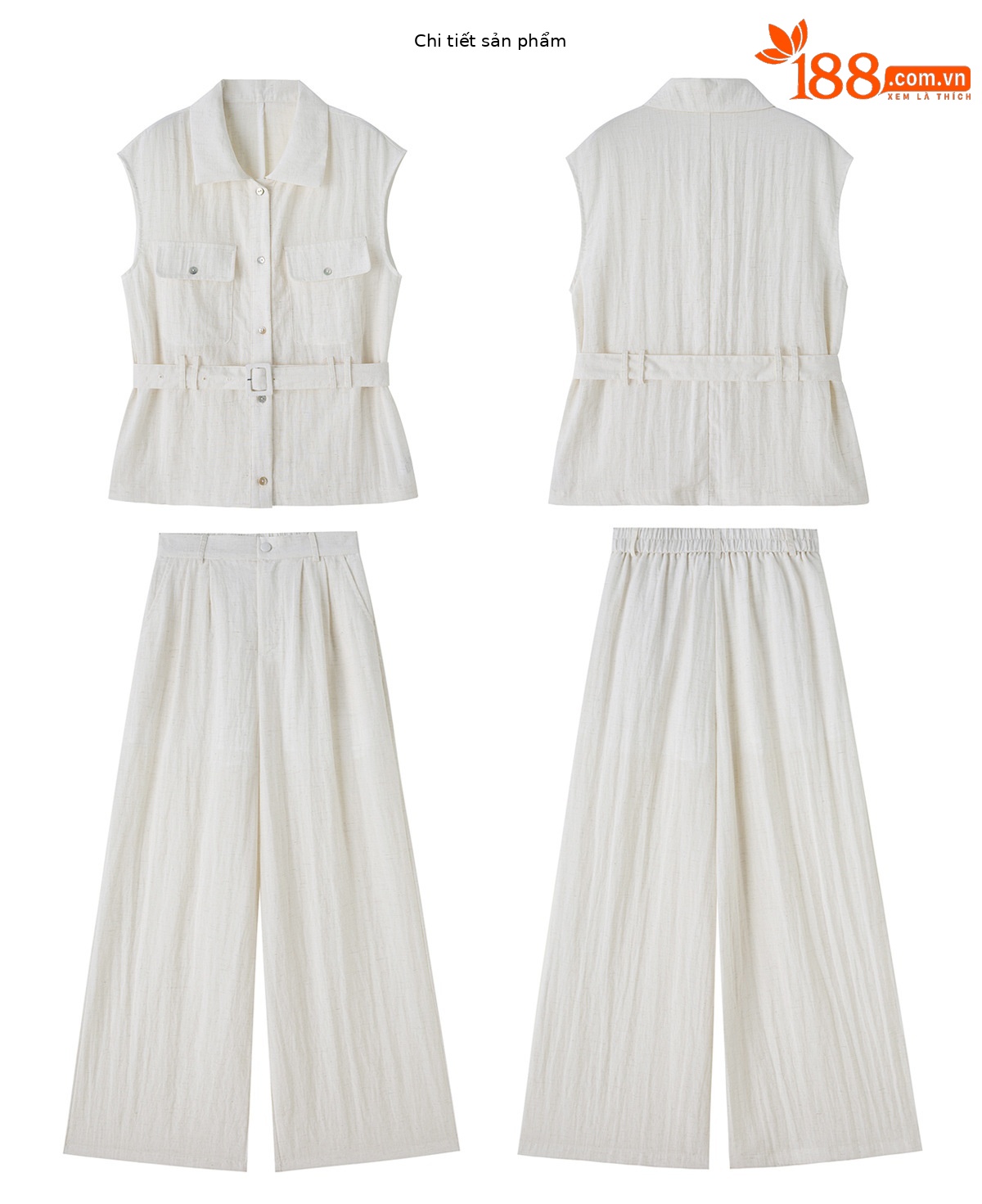 Bộ jumpsuit nữ tay ngắn cổ bẻ ống rộng mùa hè 2026 — màu trắng ngà, màu vàng chi tiết 24