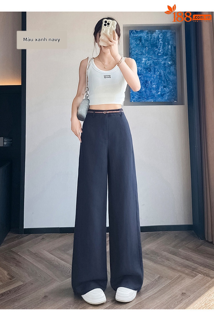 Quần tây nữ ống đứng cạp cao suông rộng dáng dài — Màu đen thông thường chi tiết 37