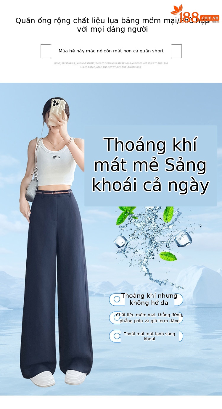 Quần tây nữ ống đứng cạp cao suông rộng dáng dài — Màu đen thông thường chi tiết 7